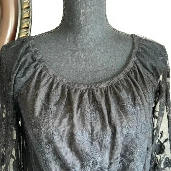 HALO Women’s Black Lace Fringe Sheer Floral Lined Boho 3/4 Sleeve Top Medium - Picture 12 of 16